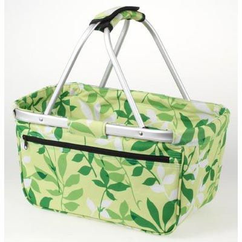 BERNARD Skládací nákupní košík s kapsou na zip, zelená, vzor listy
