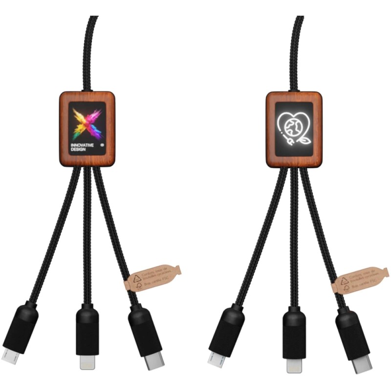 40W nabíjecí kabel 5v1 z rPET se svítícím logem a hranatým dřevěným pouzdrem SCX.design C38, černá