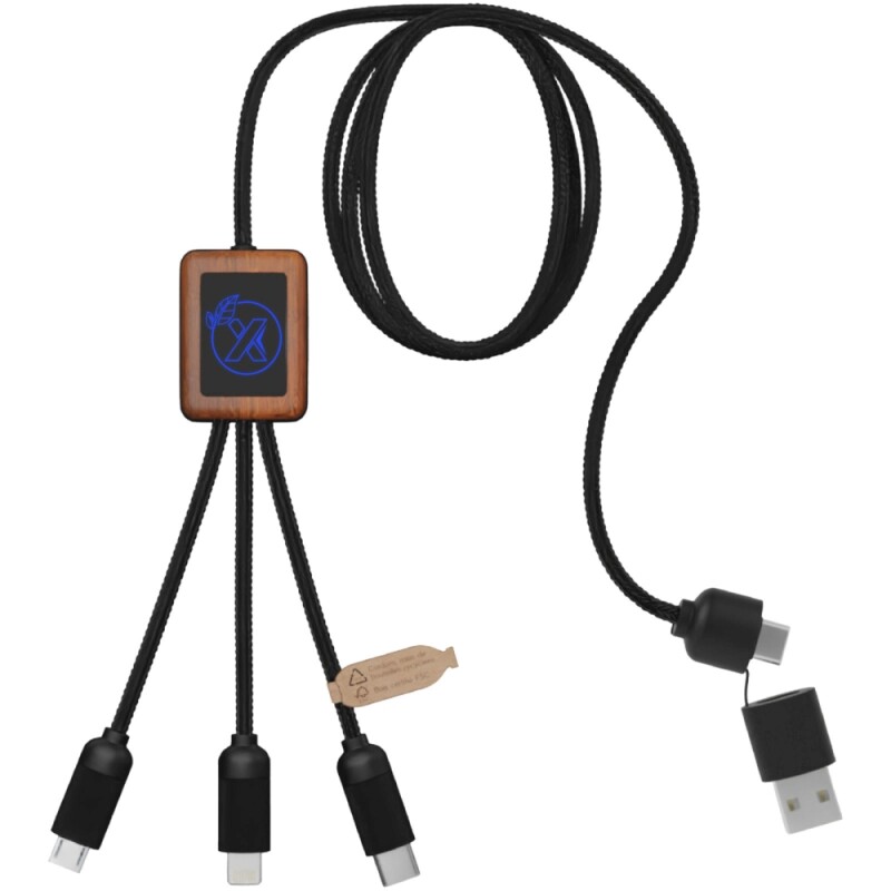 40W nabíjecí kabel 5v1 z rPET se svítícím logem a hranatým dřevěným pouzdrem SCX.design C38, modrá