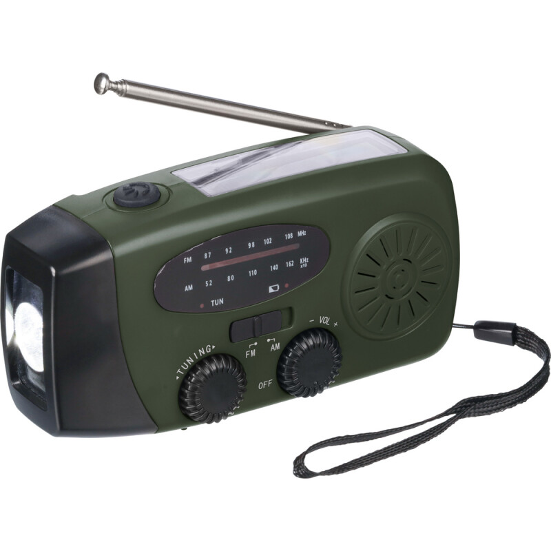 Tmavozelené núdzové rádio z recyklovaných materiálov s powerbankou a solárnym nabíjaním