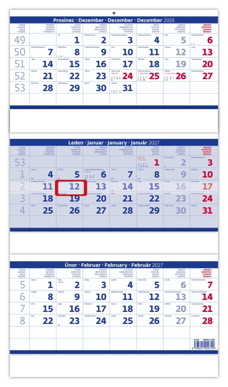 Tříměsíční skládaný kalendář modrý 2027