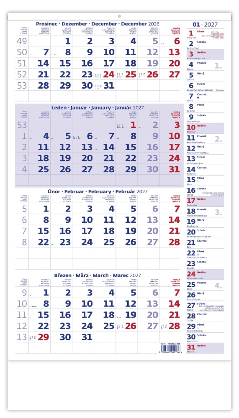Čtyřměsíční modrý kalendář s poznámkami 2027