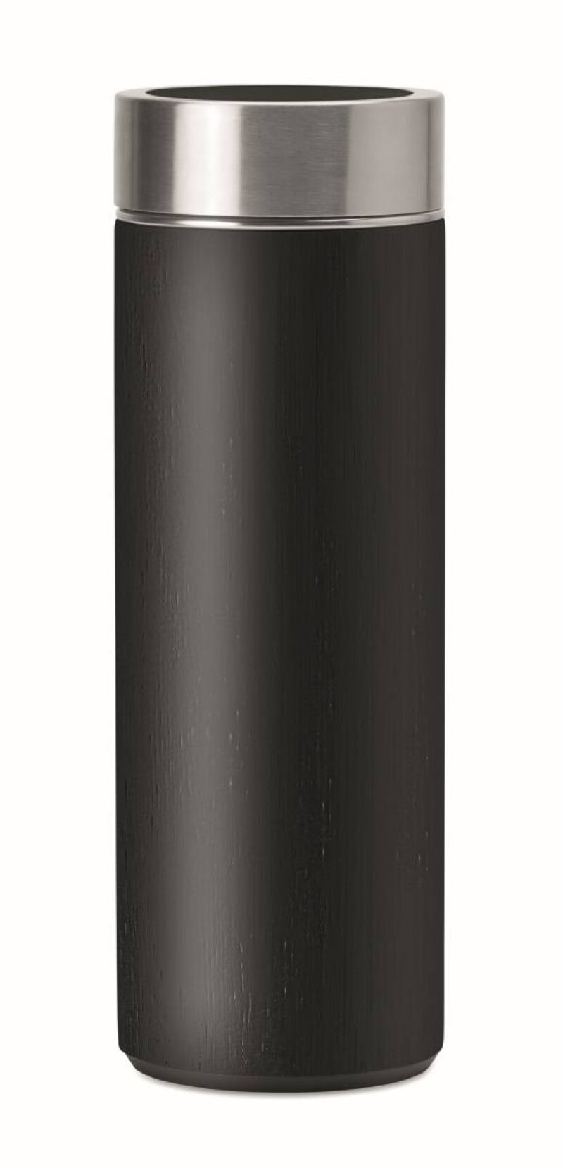 Dvoustěnná nerezová láhev s bambusovým povrchem, 400 ml, přídavný čajový infuzer, černá