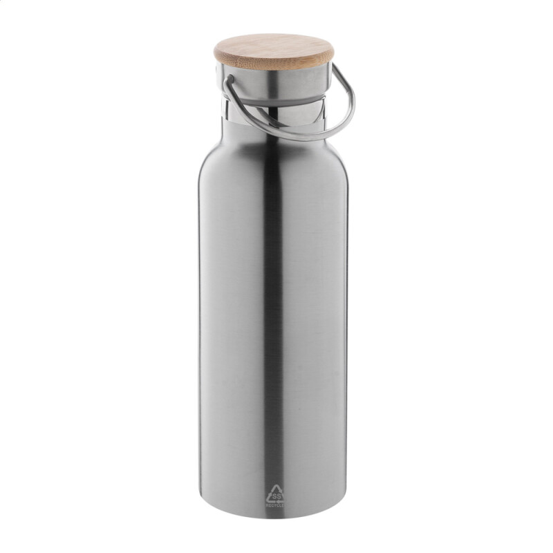 Termoska strieborná 500 ml z recyklovanej ocele s bambusovým viečkom