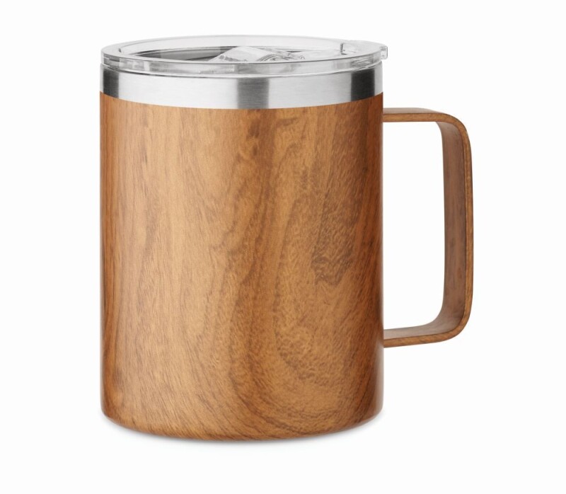 Nerezový dvoustěnný termohrnek v dřevěném vzhledu, 300ml, plastové víčko