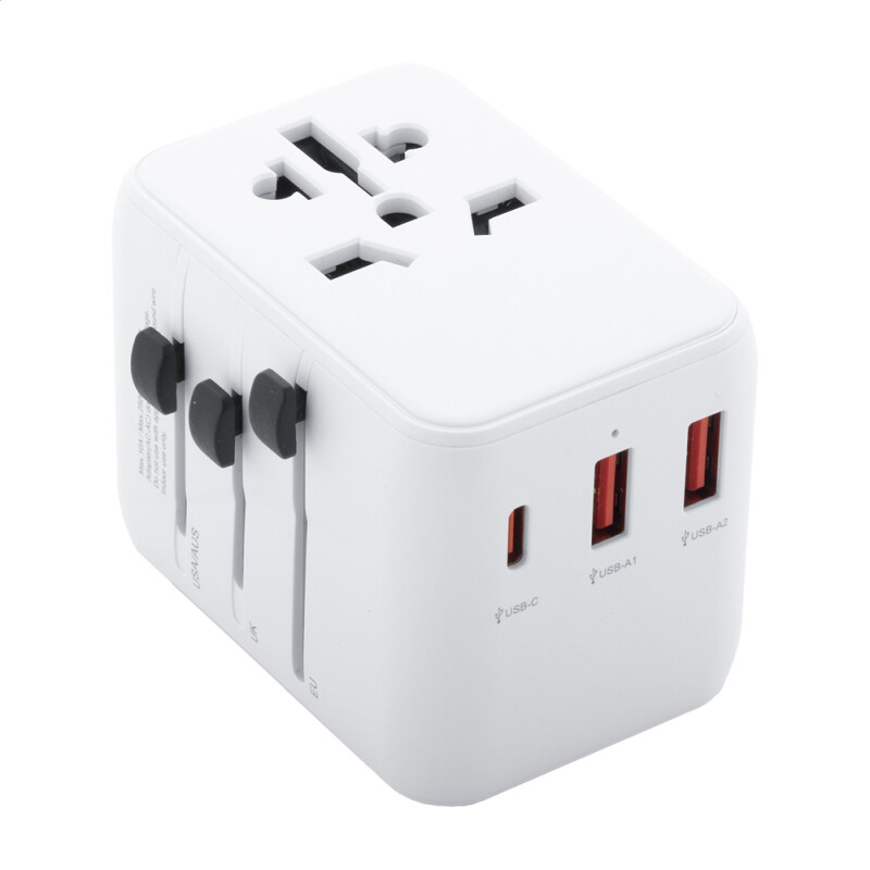 Cestovný adaptér bielej farby s USB a USB-C portami