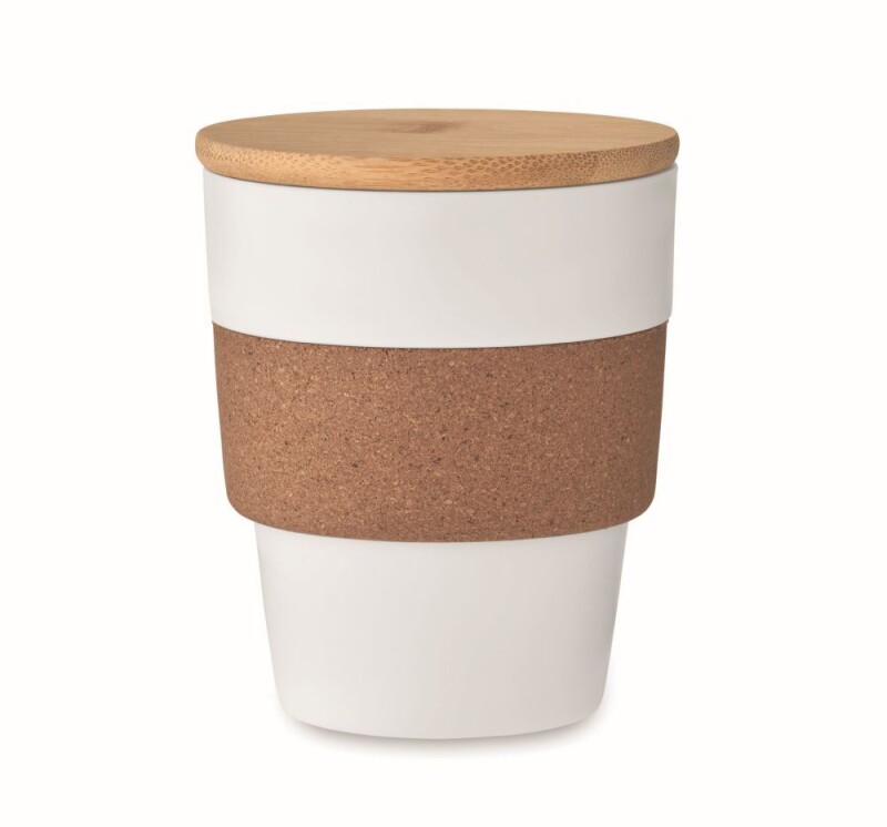 Plastový kelímek 300ml, s korkovým rukávem a bambusovým víčkem, bílý