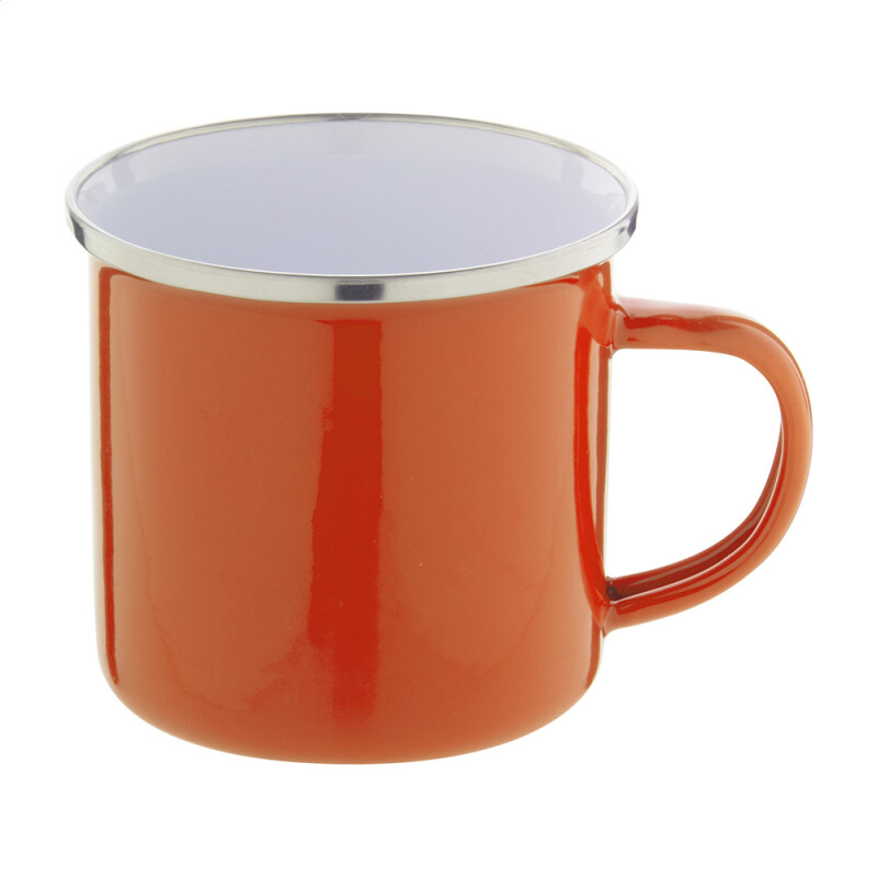 Oranžový smaltovaný hrnček s nerezovým lemom, 300 ml