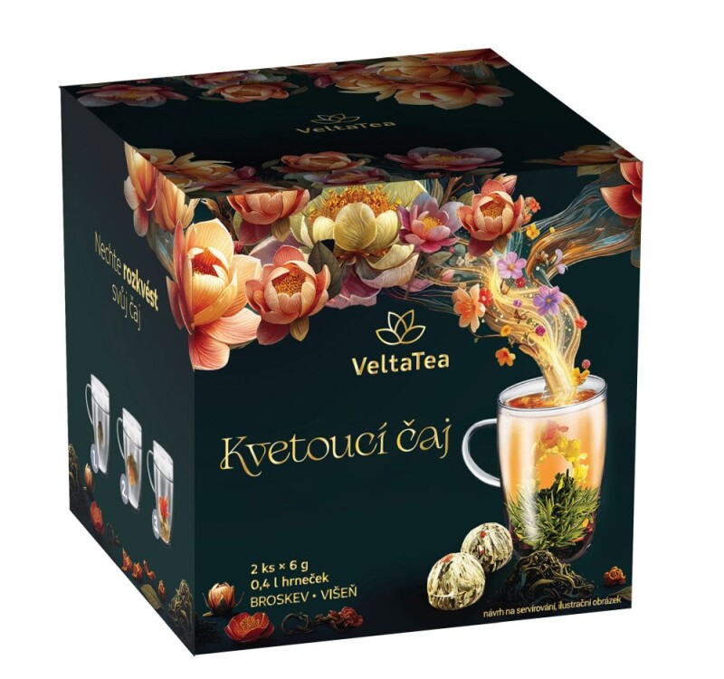 Flowertea Darčeková sada hrnčeka a kvitnúceho čaju s príchuťou broskyne a višne, 2 ks