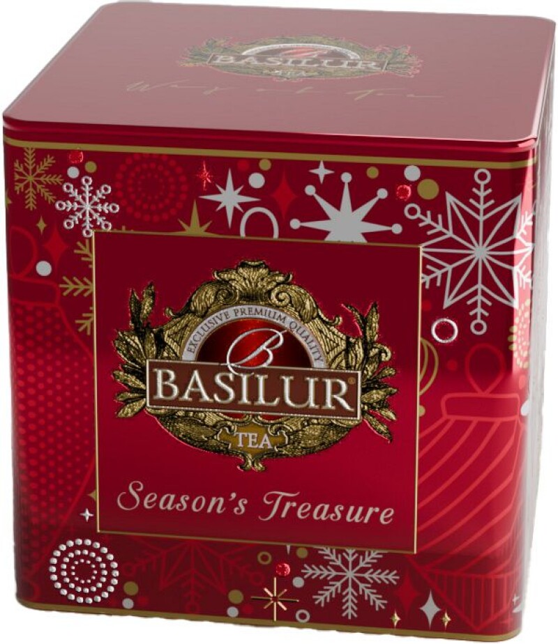 Basilur Festive Treats Holiday Treasure plech 75 g - Zelený čaj s jablkom a škoricou