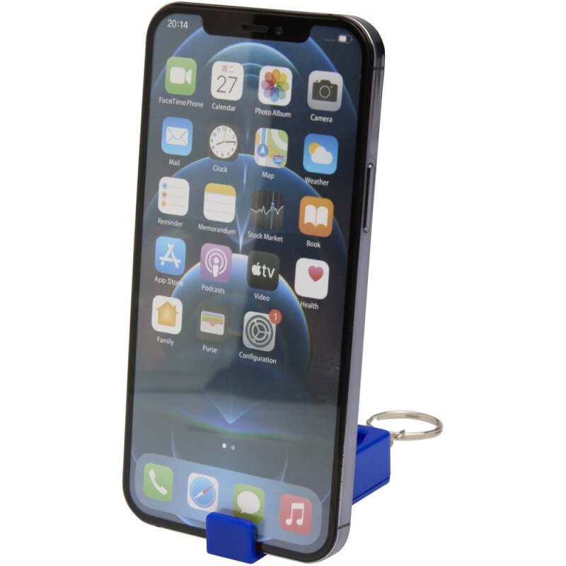 Bambusový stojan na telefon s antistresovou hračkou z recyklovaného plastu, královská modrá