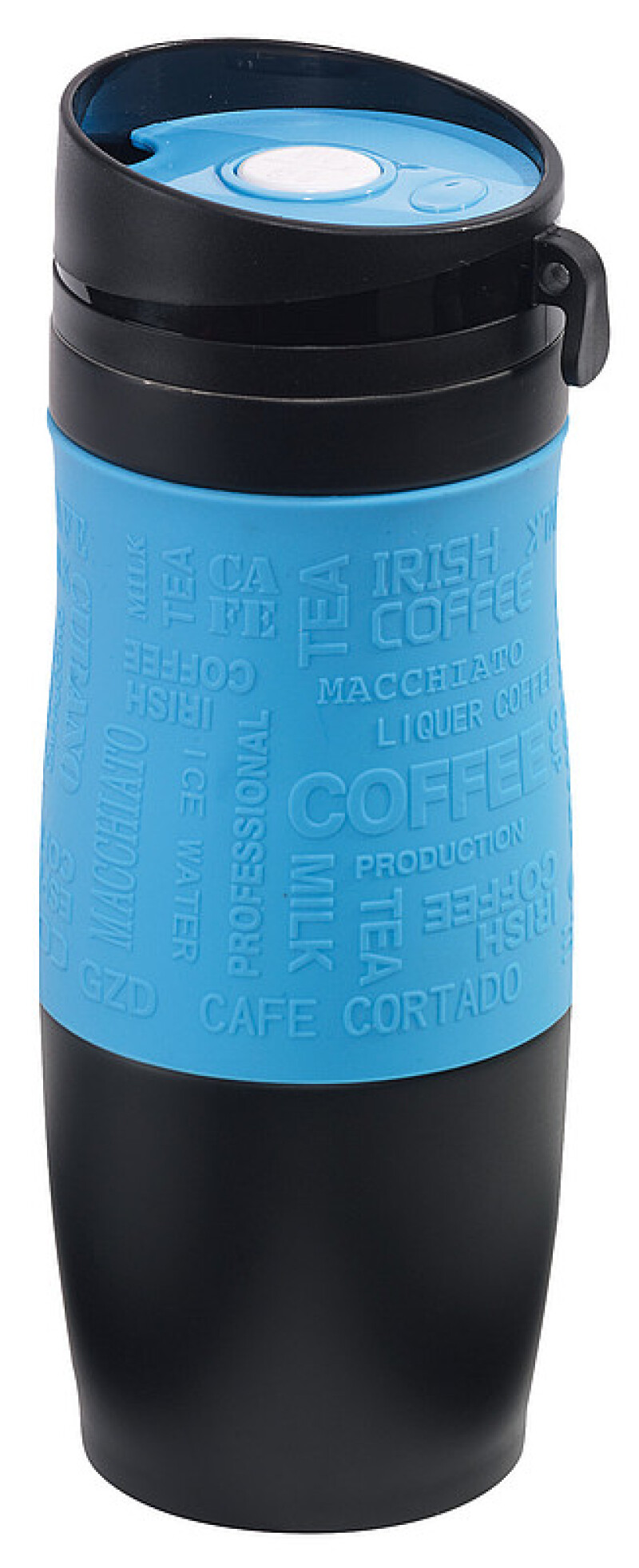 Černý nerezový termohrnek 380ml, s modrým rukávem
