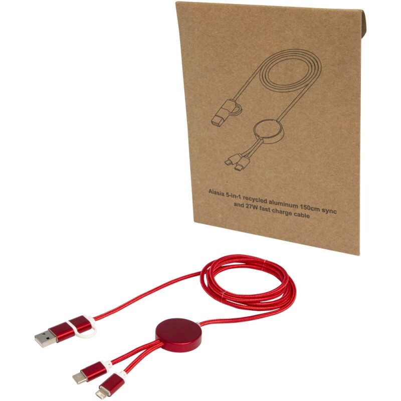 Datový synchronizační a rychlonabíjecí 27W kabel 5 v 1 z recyklovaného hliníku a plastu o délce 150 cm, červená