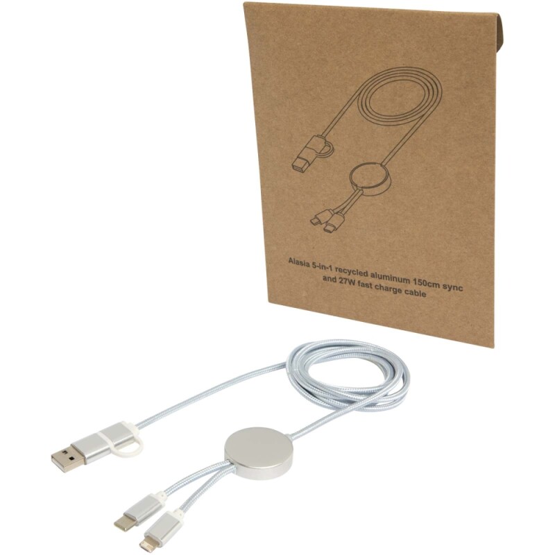 Datový synchronizační a rychlonabíjecí 27W kabel 5 v 1 z recyklovaného hliníku a plastu o délce 150 cm, stříbrný