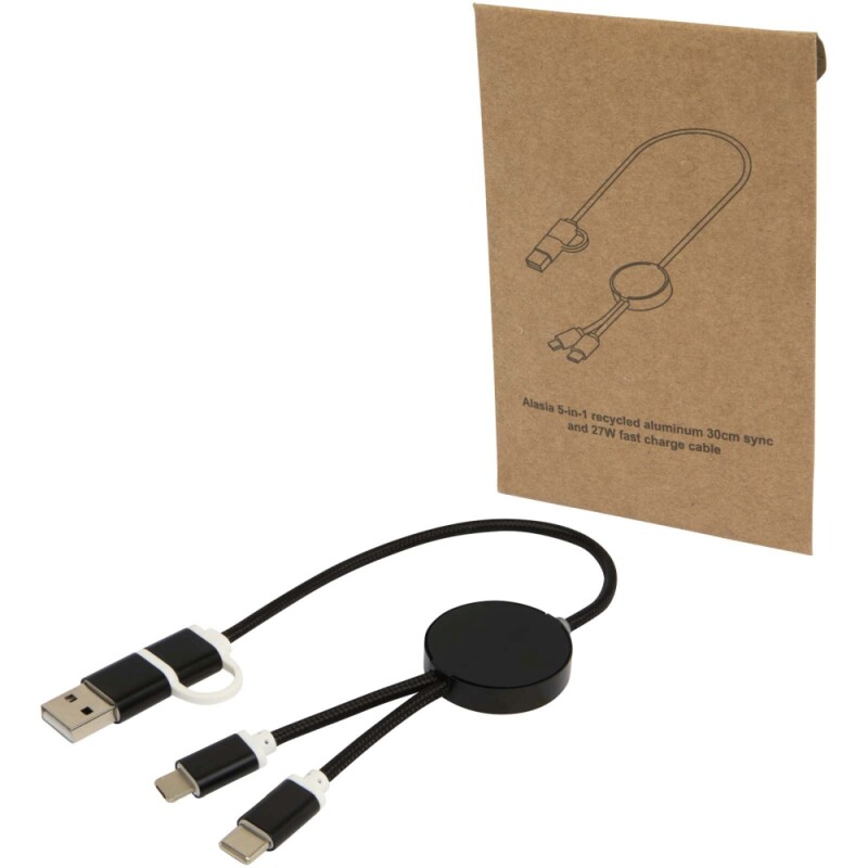 Datový synchronizační a rychlonabíjecí 27W kabel 5 v 1 z recyklovaného hliníku a plastu o délce 30 cm, černá