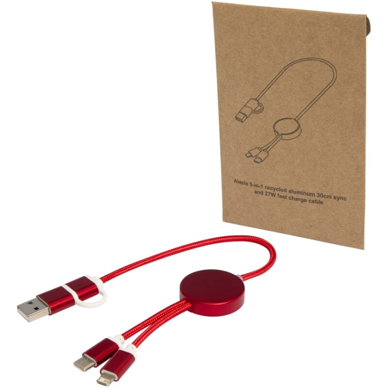 Datový synchronizační a rychlonabíjecí 27W kabel 5 v 1 z recyklovaného hliníku a plastu o délce 30 cm, červená
