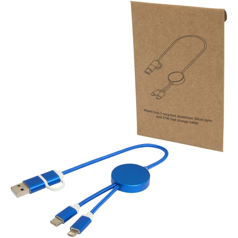Datový synchronizační a rychlonabíjecí 27W kabel 5 v 1 z recyklovaného hliníku a plastu o délce 30 cm, královská modrá