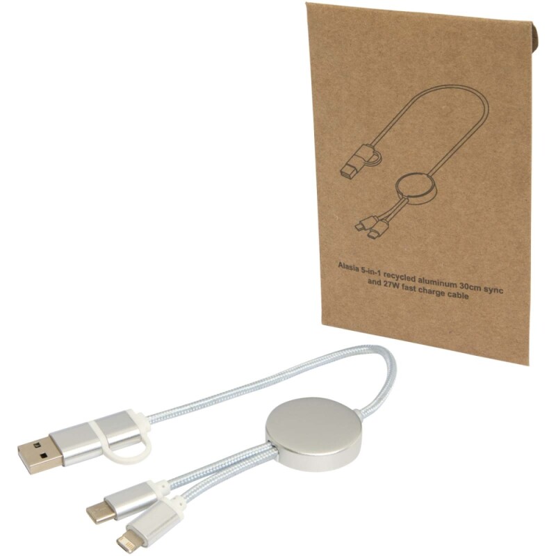 Datový synchronizační a rychlonabíjecí 27W kabel 5 v 1 z recyklovaného hliníku a plastu o délce 30 cm, stříbrný