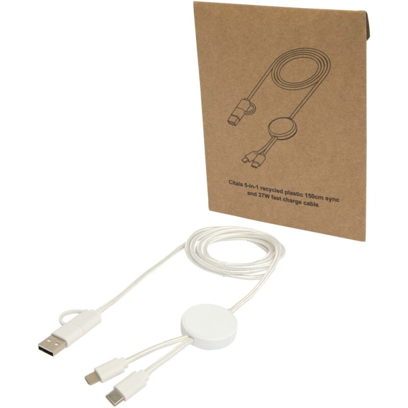 Datový synchronizační a rychlonabíjecí 27W kabel 5 v 1 z recyklovaného plastu o délce 150 cm, bílá