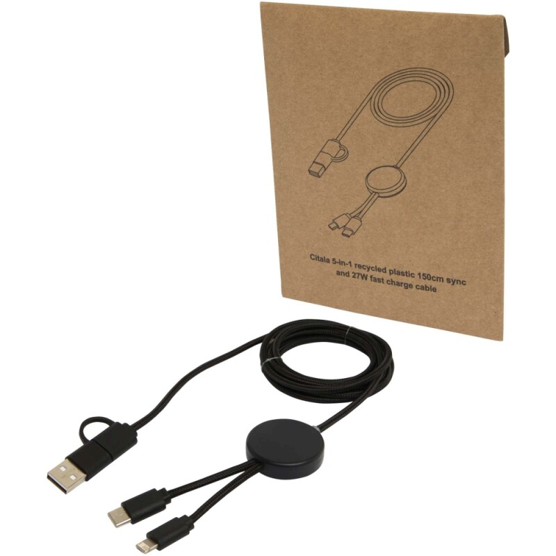 Datový synchronizační a rychlonabíjecí 27W kabel 5 v 1 z recyklovaného plastu o délce 150 cm, černá