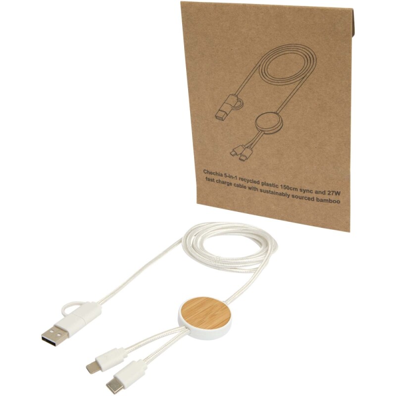 Datový synchronizační a rychlonabíjecí 27W kabel 5 v 1 z recyklovaného plastu o délce 150 cm s bambusovými detaily, bílá