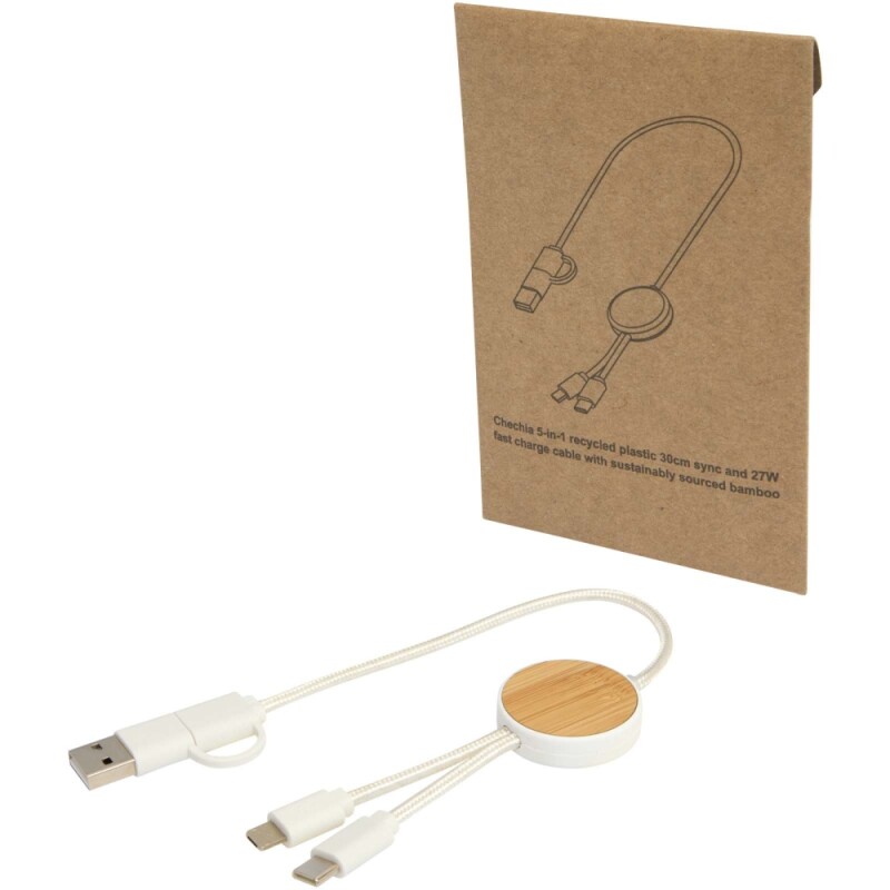 Datový synchronizační a rychlonabíjecí 27W kabel 5 v 1 z recyklovaného plastu o délce 30 cm s bambusovými detaily, bílá