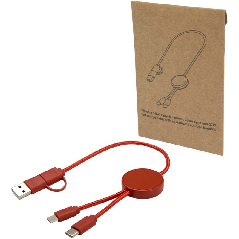 Datový synchronizační a rychlonabíjecí 27W kabel 5 v 1 z recyklovaného plastu o délce 30 cm, středně oranžová