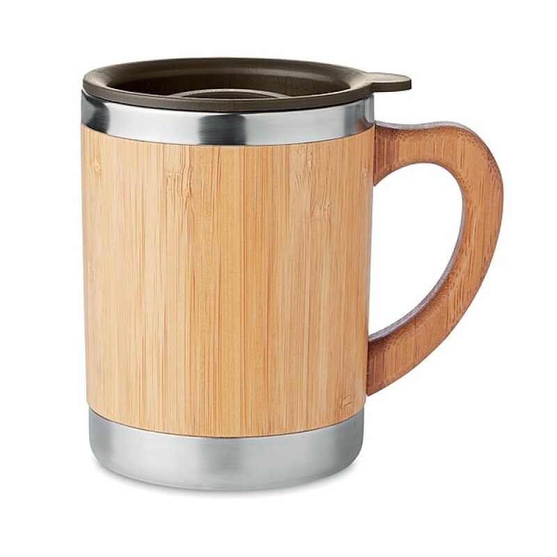 Dvouvrstvý nerezový termohrnek, 300ml, víčko plastové, vnější vrstva z bambusu