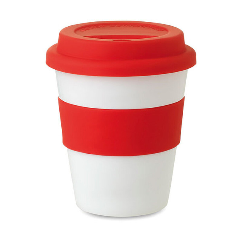 Kelímek se silikonovým úchopem a víčkem, 350 ml, červená