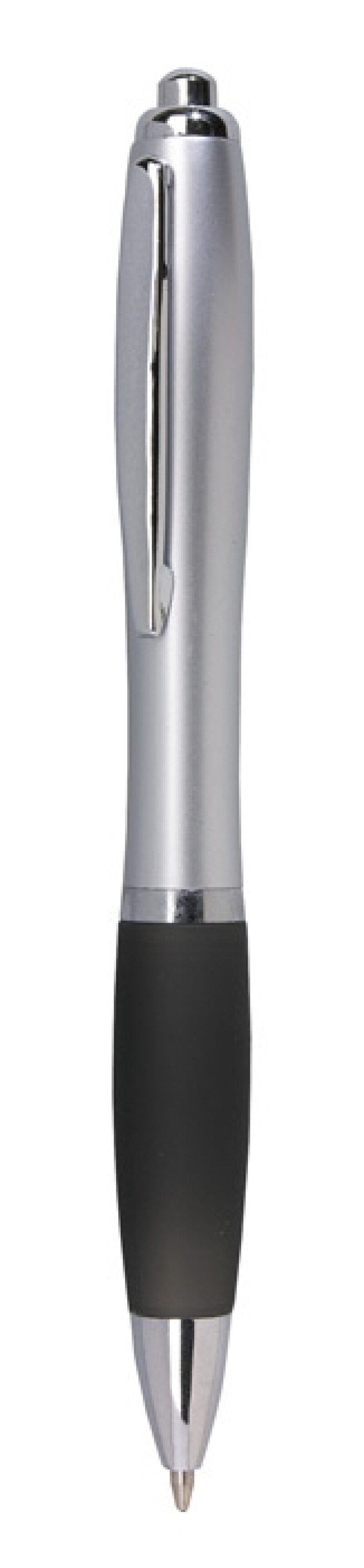 Plastová propiska se stříbrným tělem s barevným proužkem, d. 14 cm, černá