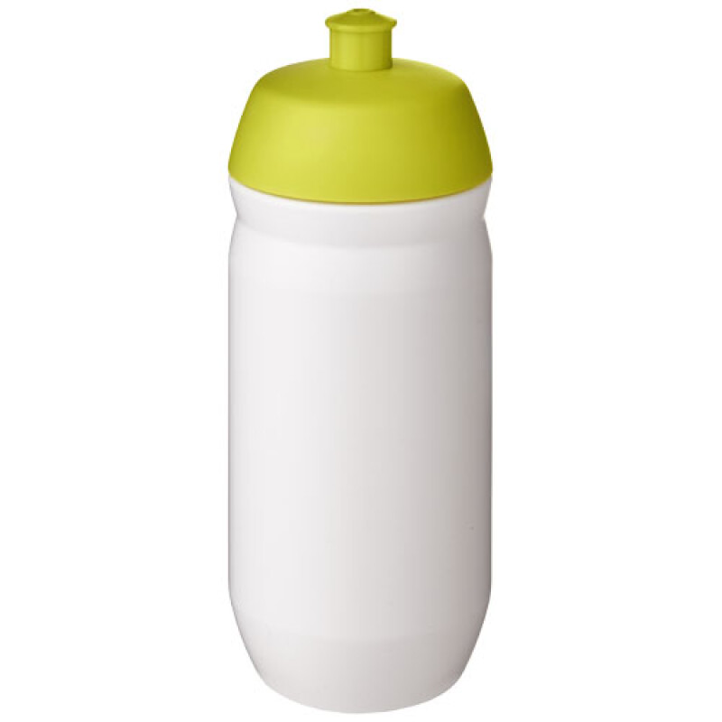 Láhev na pití 500ml, tělo je bílé z pružného plastu, víčko je světle zelené