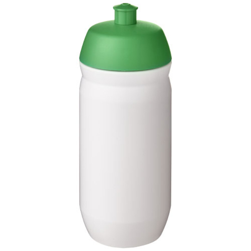 Láhev na pití 500ml, tělo je bílé z pružného plastu, víčko je zelené