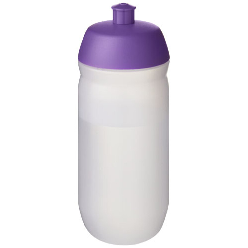 Láhev na pití 500ml, tělo je matně čiré z měkkého plastu, víčko je fialové