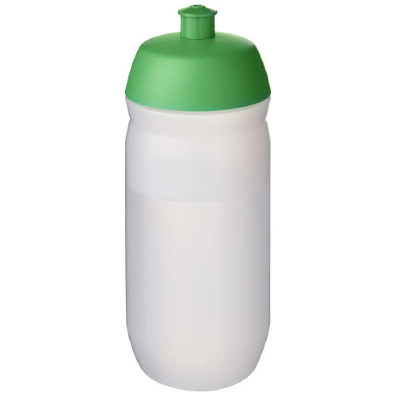 Láhev na pití 500ml, tělo je matně čiré z měkkého plastu, víčko je zelené