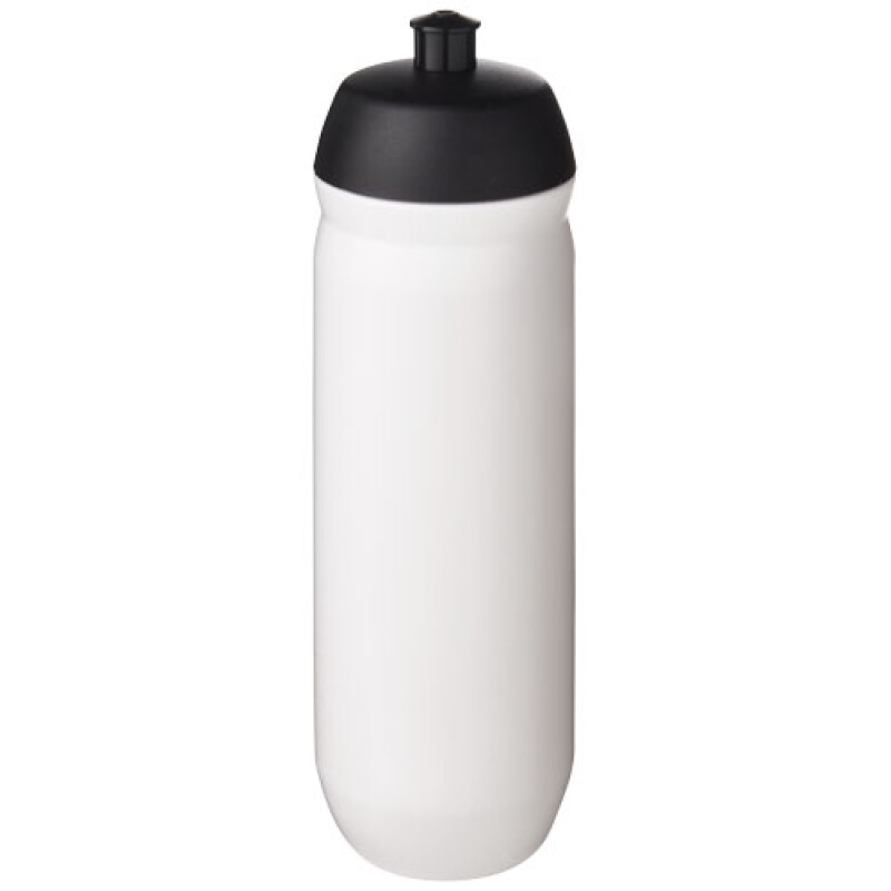 Láhev na pití 750ml, tělo je bílé z pružného plastu, víčko je černé