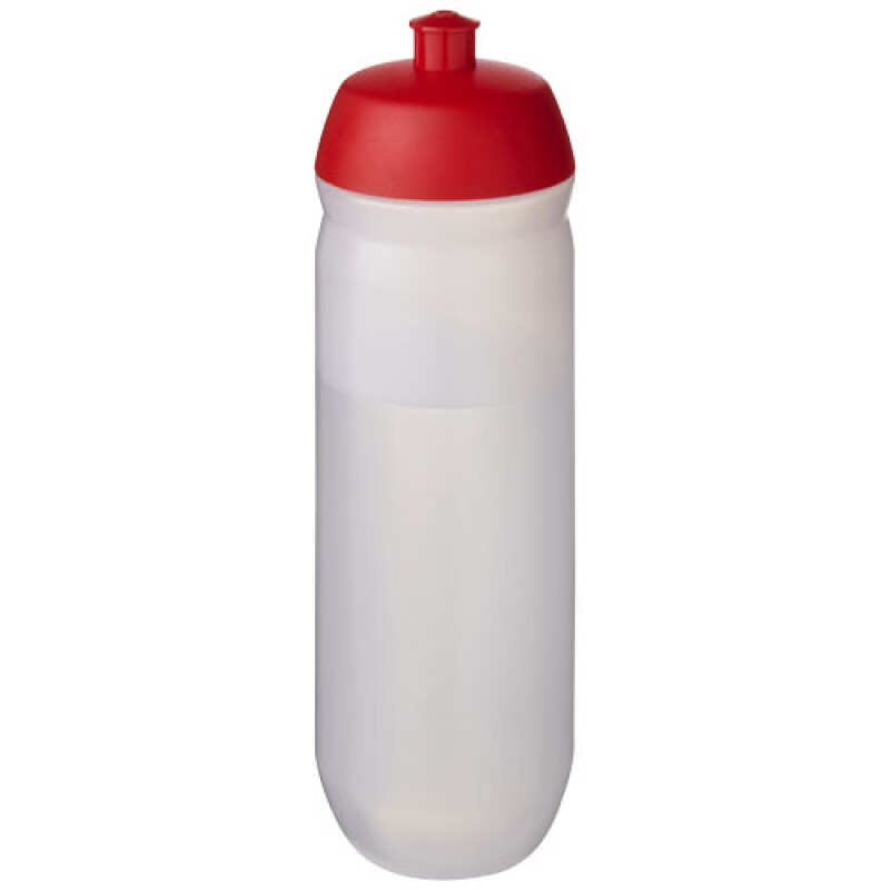 Láhev na pití 750ml, tělo je matně čiré z pružného plastu, víčko je červené