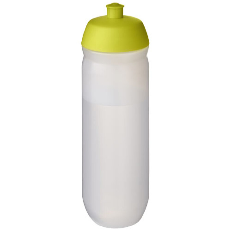 Láhev na pití 750ml, tělo je matně čiré z pružného plastu, víčko je světle zelené