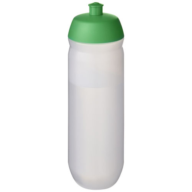 Láhev na pití 750ml, tělo je matně čiré z pružného plastu, víčko je zelené