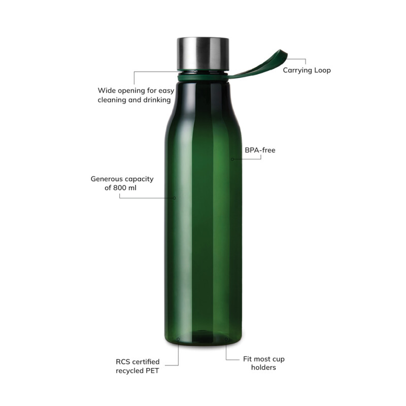 Lahev na vodu 800ml z recyklovaného plastu, zelená