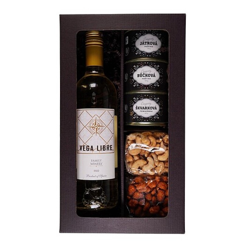 MŇAMKA Sada obsahující bílé víno, kešu s česnekem a rozmarýnem 100 g, arašídy v karamelu s chilli 100 g, játrovou paštiku 190 g a bůčkovou paštiku 180 g, v dárkové krabici