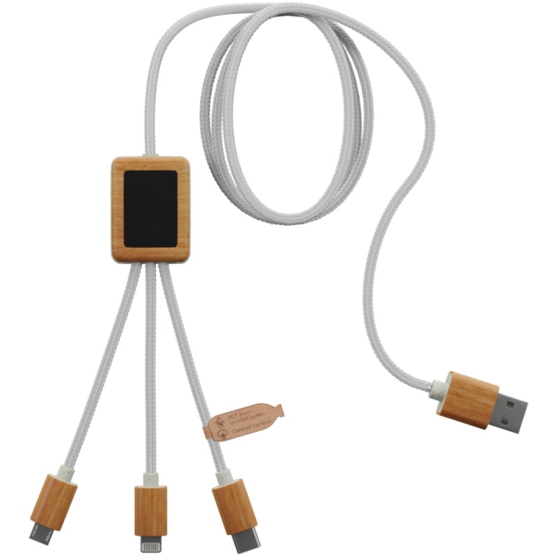 Nabíjecí kabel 3v1 z rPET se svítícím logem a hranatým bambusovým pouzdrem SCX.design C39, bílá