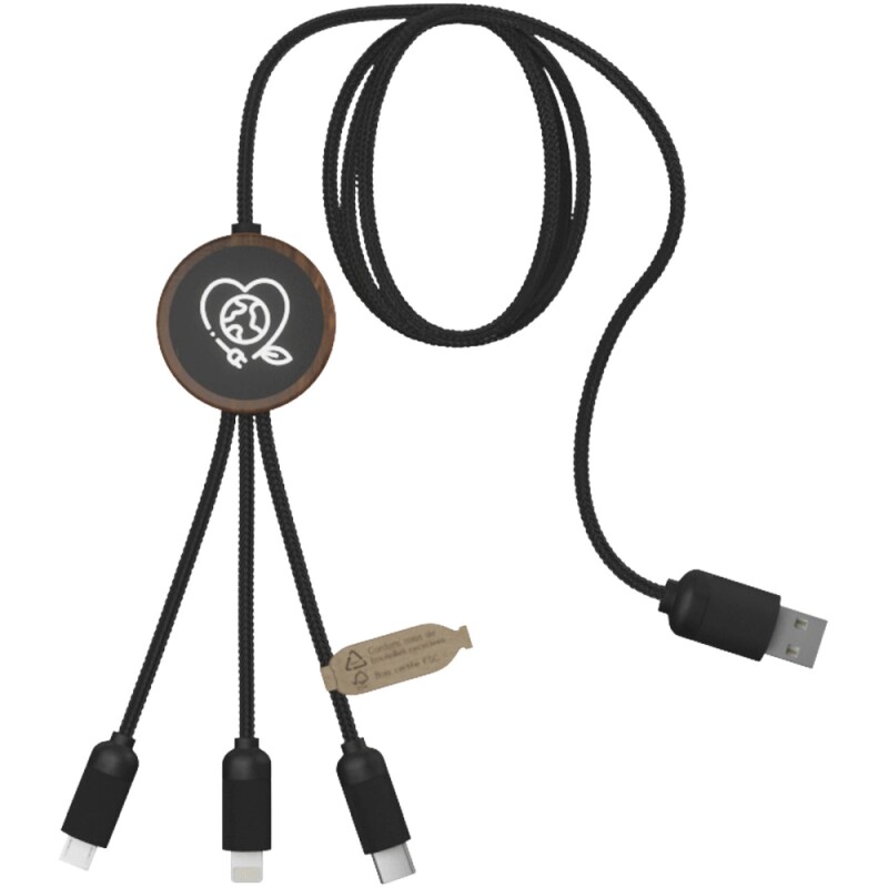Nabíjecí kabel 3v1 z rPET se svítícím logem a kulatým bambusovým pouzdrem SCX.design C36, hnědá