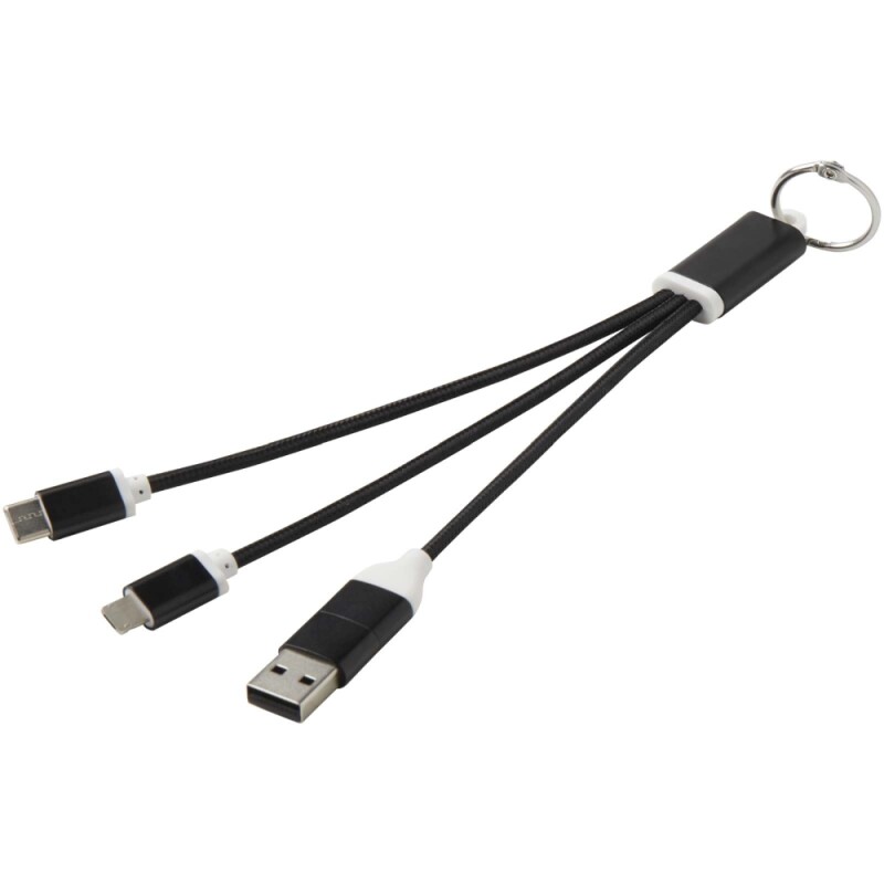 Nabíjecí kabel 4v1 z recyklovaného hliníku s klíčenkou, černá