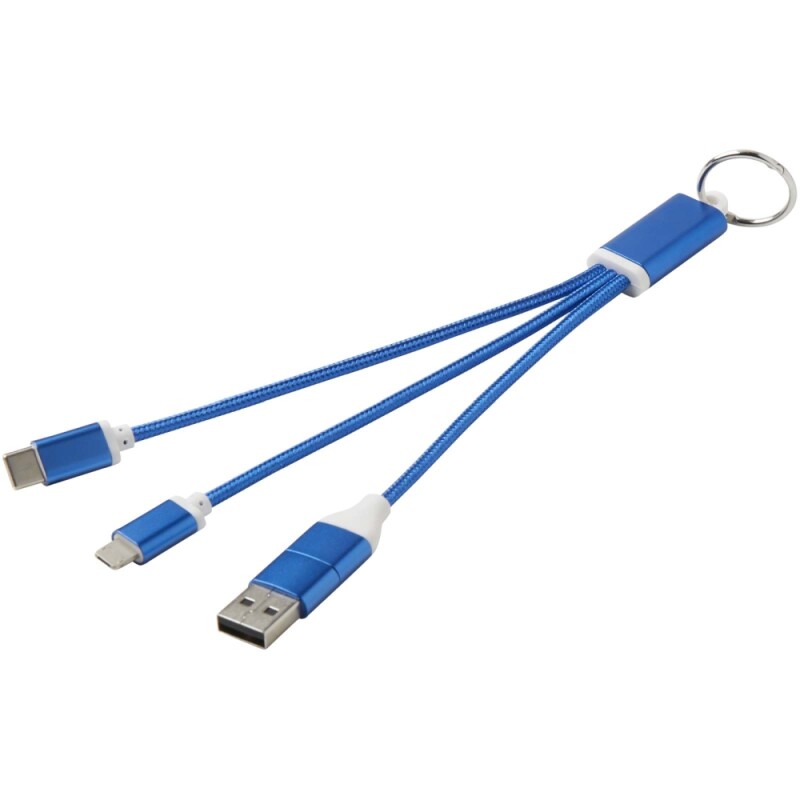 Nabíjecí kabel 4v1 z recyklovaného hliníku s klíčenkou, královská modrá