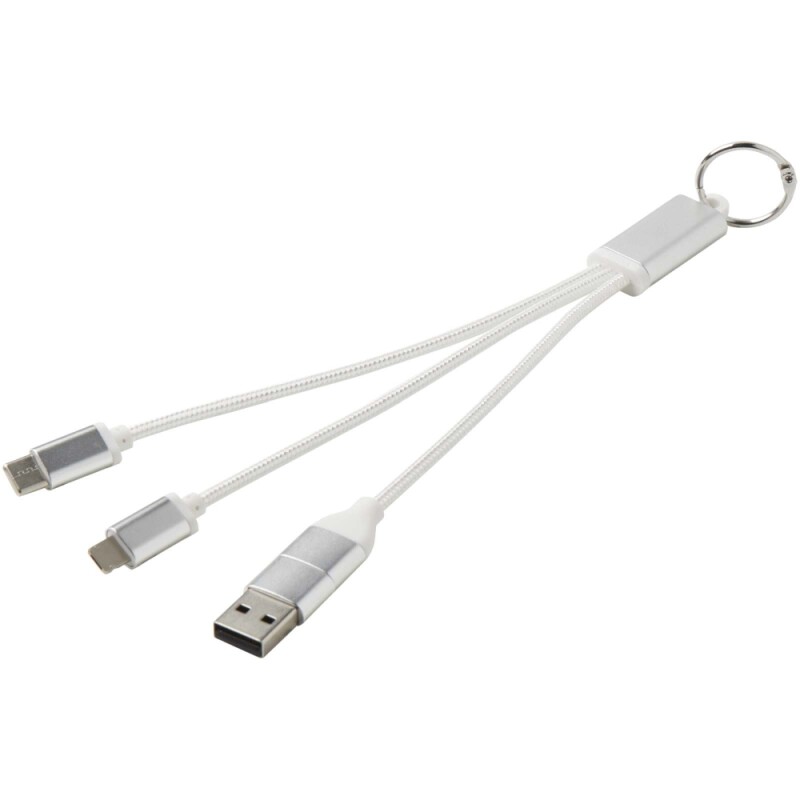 Nabíjecí kabel 4v1 z recyklovaného hliníku s klíčenkou, stříbrný