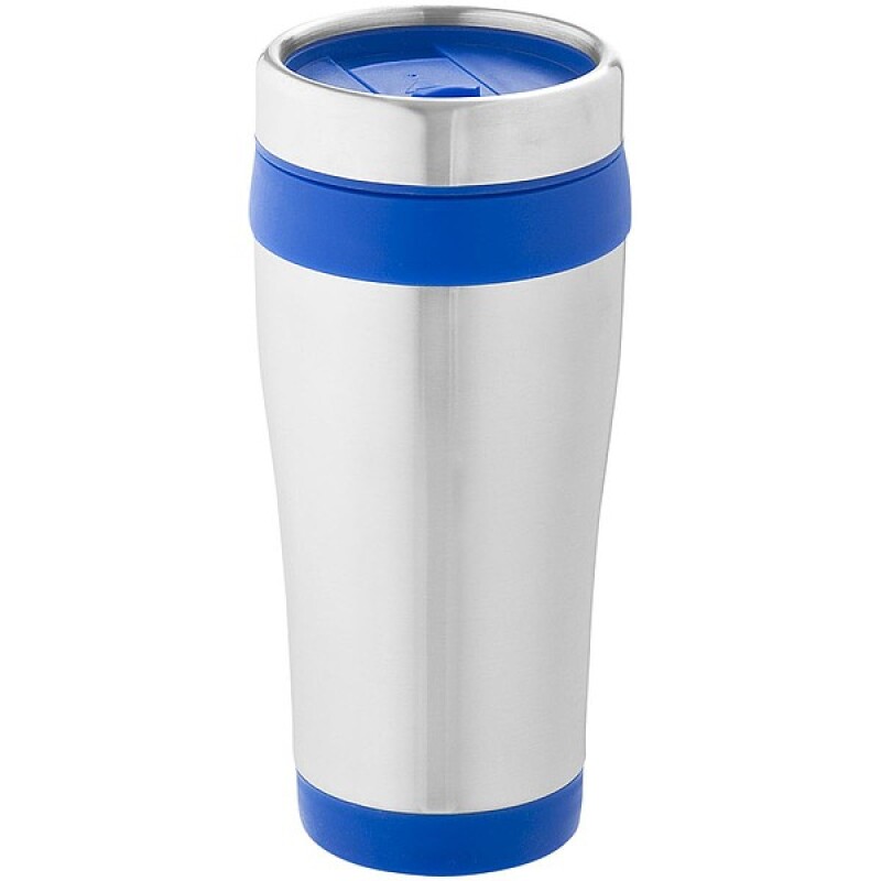 Nerezový termohrnek s plastovým vnitřkem, objem 470 ml, stříbrná/královská modrá