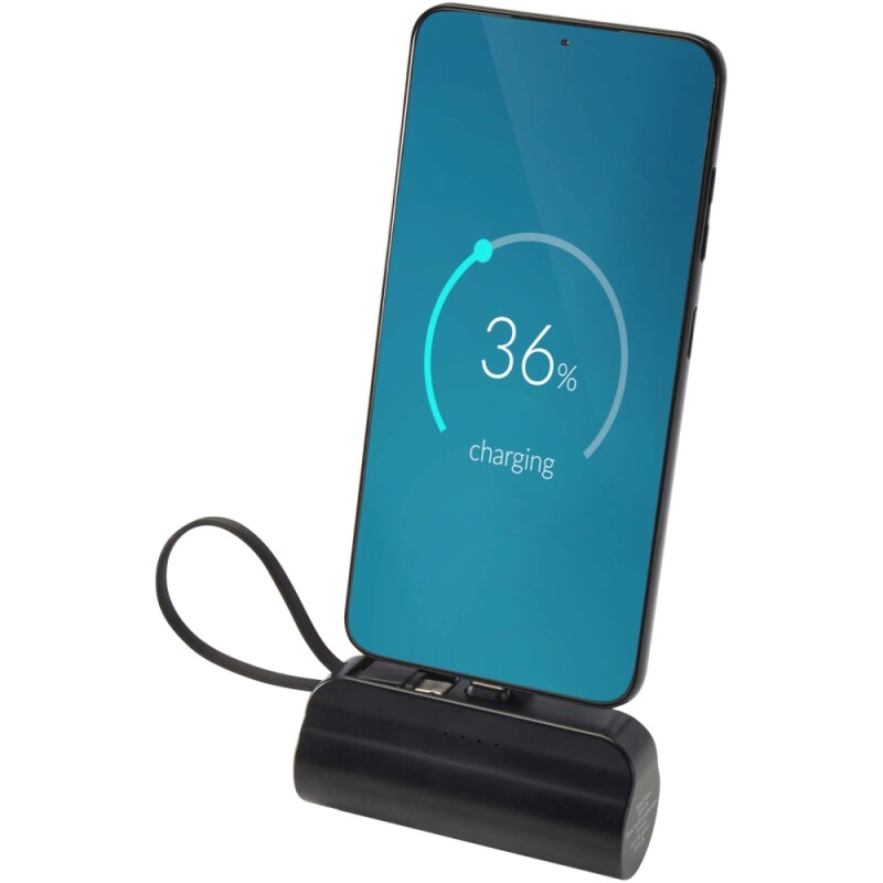 Powerbanka 5000 mAh 10W z recyklovaného plastu s konektorem typu C, výklopným stojánkem a kabelem 2 v 2, černá