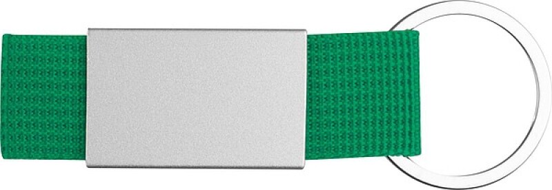 Přívěšek na klíče kombinující barevný textil a nerezový plíšek, zelený