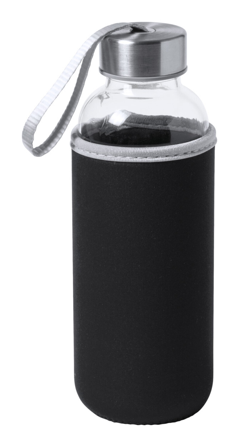 Skleněná láhev na pití, 420ml, černý neoprenový rukáv