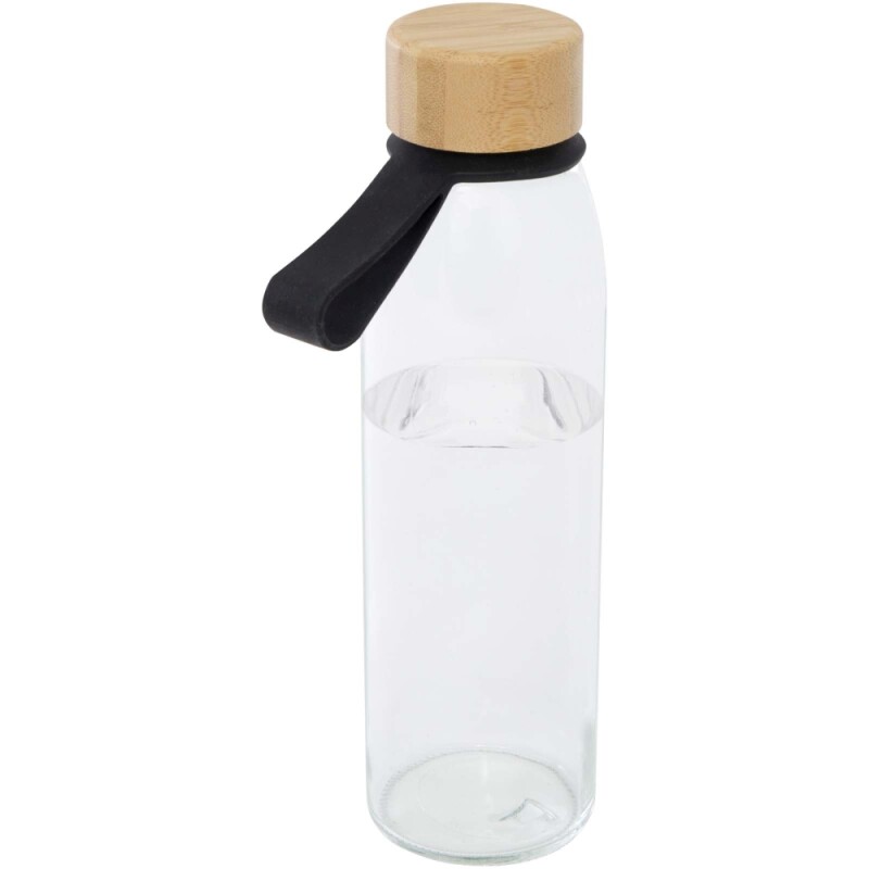 Skleněná láhev na vodu 500 ml se silikonovou rukojetí a bambusovým víčkem, černá